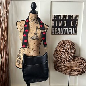 Adorable Black Vegan Leather Shoulder Bag W/Heart Patterned Strap & Black Strap